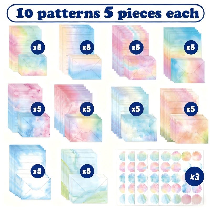 Halloluck 160 Pcs Stationery Writing Paper with Envelopes, 50 Double Sided Stationery Papers with 50 Matching Envelopes and 60 Round Dot Sticker, 10 Unique Designs - Image 3